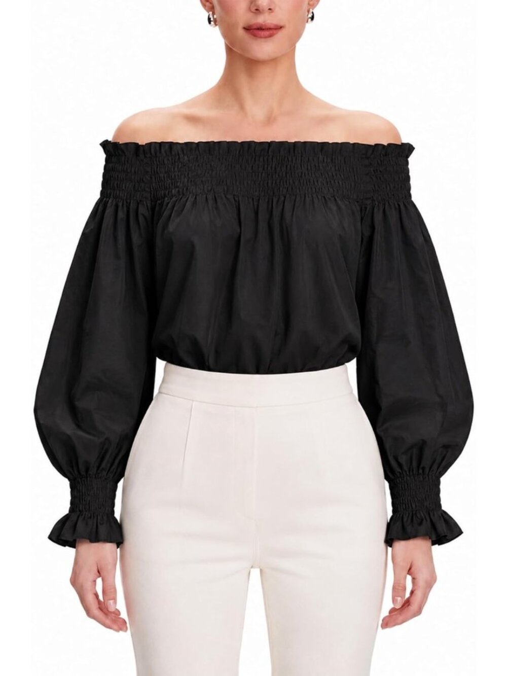 Off Shoulder Smocked Long Sleeve Ruffle Blouse - Casual Black Top for Women